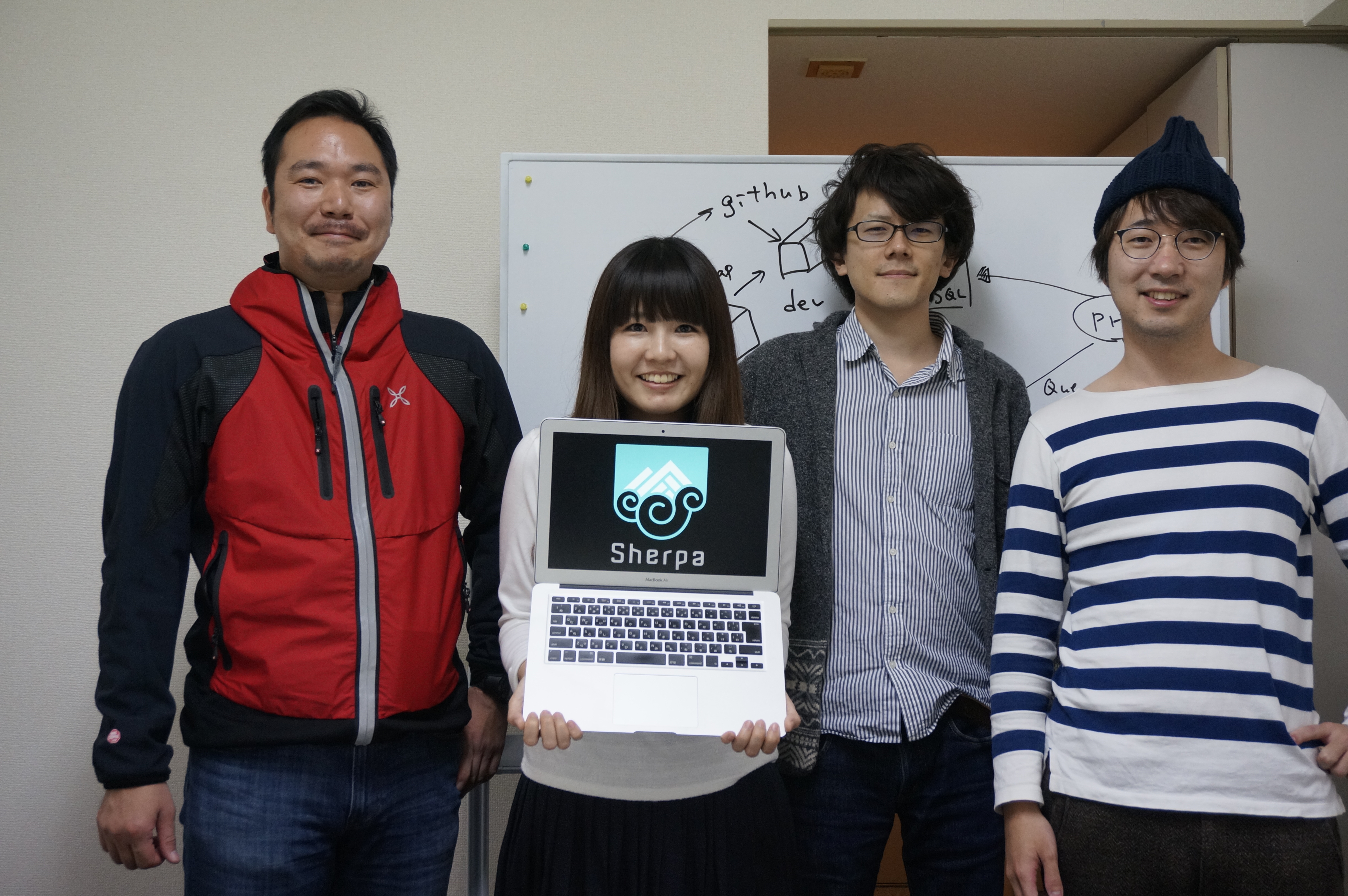 左から石井さん、角田睦美さん（27 歳）、升一元吾さん（30 歳）、窪宏二朗さん（30歳）。石井さんを除く3人はプロのエンジニアとして働くかたわら、仕事の合間を縫ってSherpaの開発に協力している